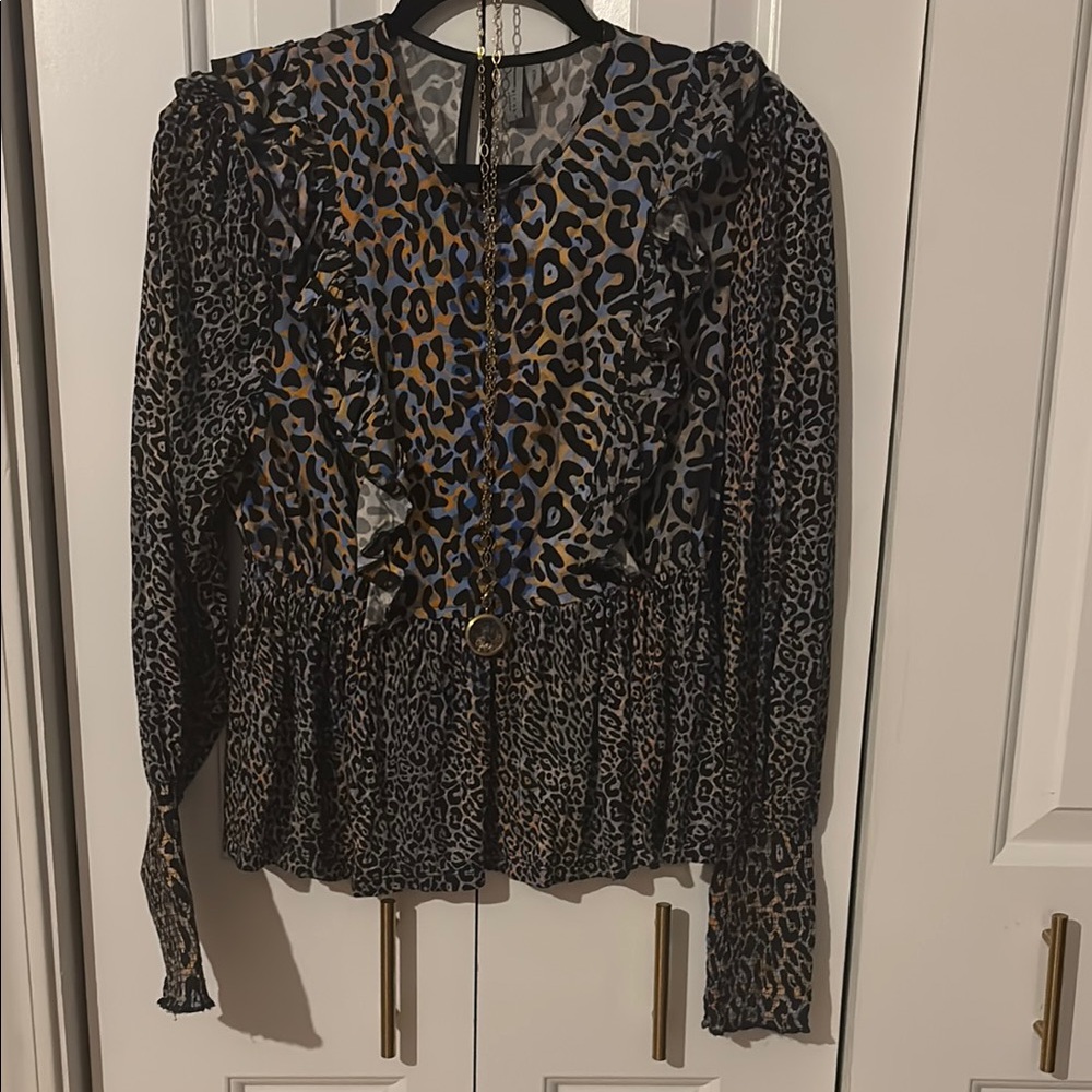 Black and Brown Long Sleeve Ruffled Blouse
